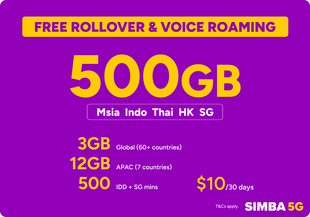 SIMBA 5G 500GB mobile plan at $10 per 30 days with free rollover and voice roaming