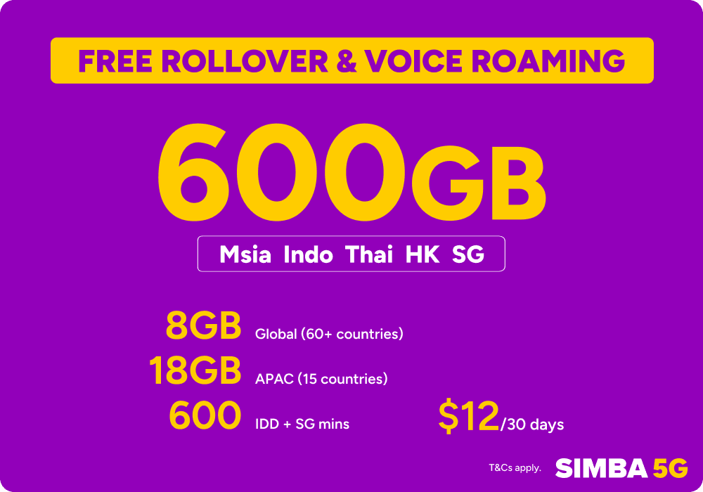 SIMBA 5G 600GB mobile plan at $12 per 30 days with free rollover and voice roaming